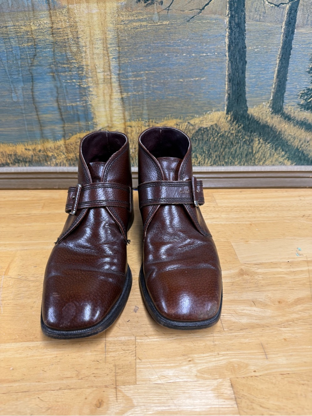 Men's Brown Leather buckle Strap Ankle Chakka Boots, size 8 Unk maker
